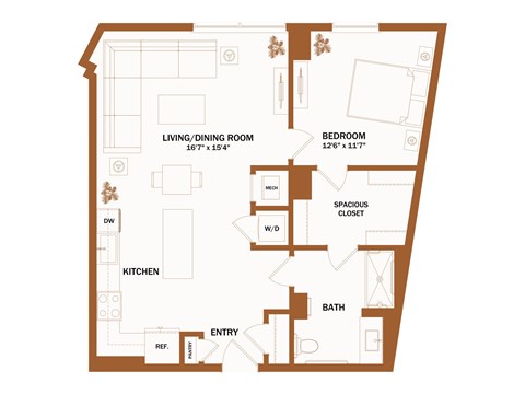 A floor plan of a house with a living/dining room, kitchen, bedroom, bathroom, and a spacious closet.